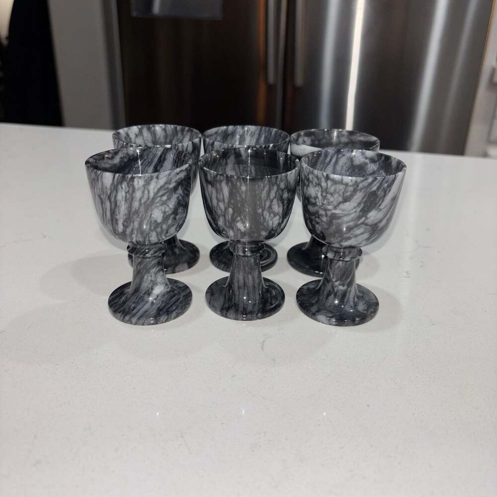 Vintage Black and Grey Marble Stemmed Shot Glasses, Set of 6